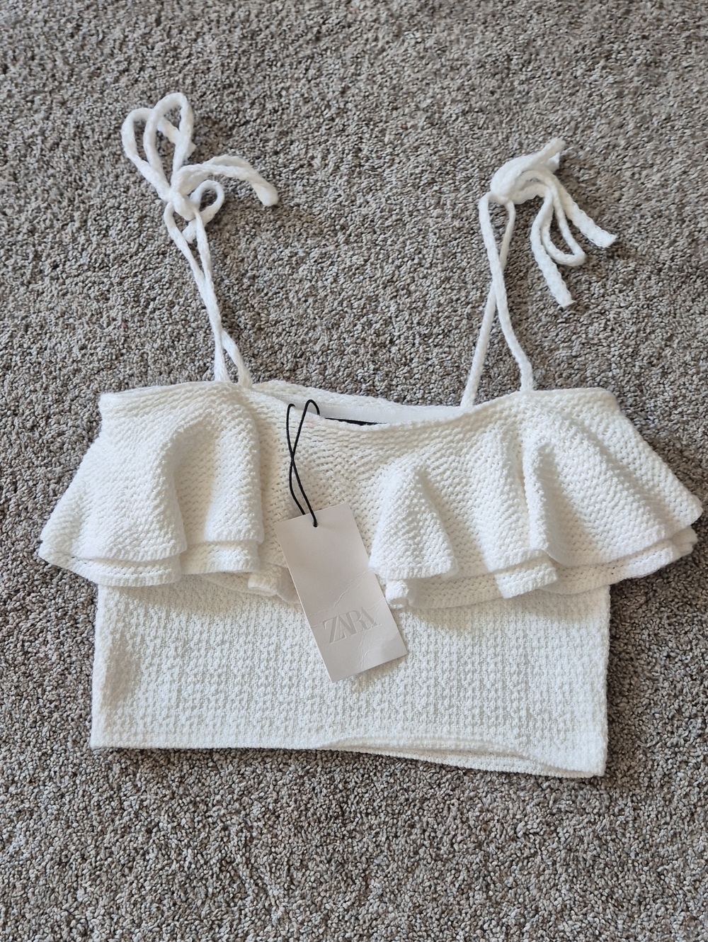 Zara White Ruffle Tie-Strap Crop Camisole